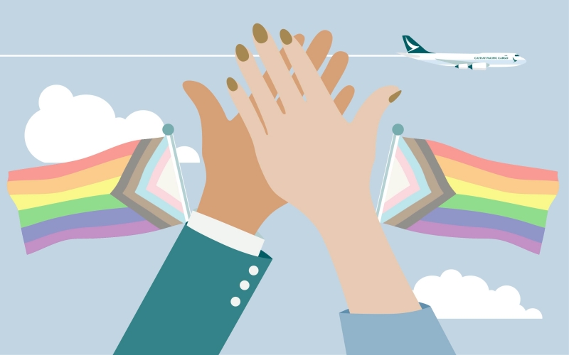 An illustration of two people high-fiving, with a Cathay Pacific Cargo 747 freighter and pride rainbow flags in the background