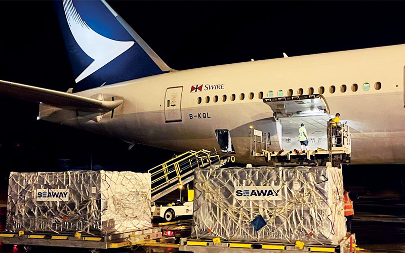 A shipment from Seaway being loaded on to a Cathay Pacific plane