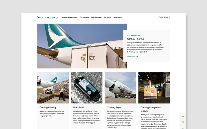 Our new shipment solutions are displayed with more space to breathe and the website layout reflects the Cathay master brand