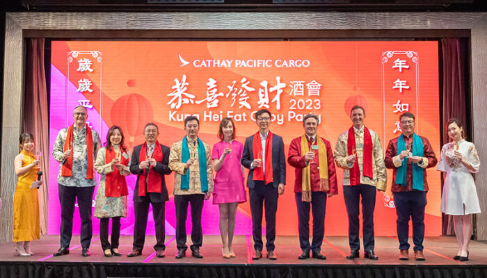 The wider Cathay team: (l–r) Cargo Sales Manager Hong Kong Cheryl Ching; Cathay Pacific Services Ltd Chief Operating Officer Mark Watts; Hong Kong Express CEO Mandy Ng; Air Hong Kong Chief Operating Officer Clarence Tai; GM Cargo Service Delivery Frosti Lau; Chief Customer and Commercial Officer Lavinia Lau; CEO Ronald Lam; Director Cargo Tom Owen; GM Cargo Commercial George Edmunds; Head of Cargo Sales Hong Kong and GBA Frank Yau; Assistant to Director Cargo Ada Foo